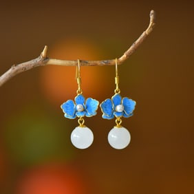 A Pair of Exquisite Sterling Silver-Gold Plated Inlaid White Jade Enamel Earrings