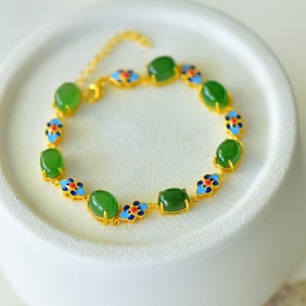 An Exquisite Sterling Silver-Gold Plated Inlaid Jasper Enamel Bracelet