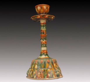 A Huge Tang Tri-Color Glazed Pottery Flower Pattern Candlestick