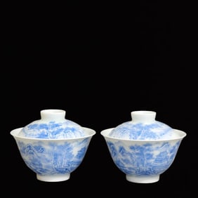 A Pair of Precious Enamel Landscape Pattern With Cover Bowls