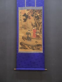 A Chinese Vertical Scroll Ink Painting of Character and Story on Silk,Qian Xuan&Zhao Mengfu&Ren