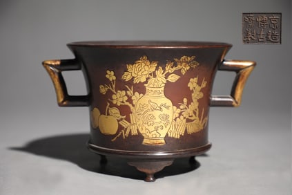 An Exquisite Bronze Flower and Fruit Pattern Painted Gold Censer