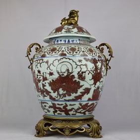 An Exquisite Blue and White Underglaze-Red Figure Pattern Inlaid Bronze Flower Double-Ears With