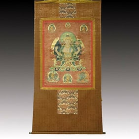 A Rare Brocade Painted Color Four-arms Statue of Avalokitesvara Tangka
