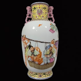 An Exquisite Famille-Rose Painted Gold Figure Pattern Dragon-Ears Vase,With Poem