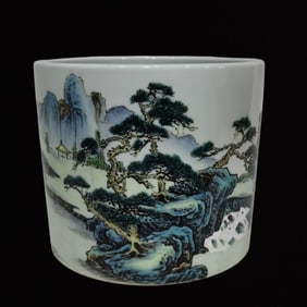 An Exquisite Famille-Rose Landscape Pattern Brush Pot