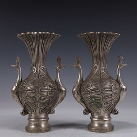 A Pair of Exquisite Silver-plated Peacock Pattern Vases