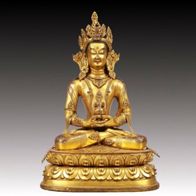A Solemn Gilt Bronze Statue of Tara, Inlaid Gems