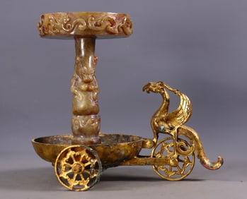 An Exquisite  Gilt Bronze Inlaid White Jade Auspicious Beast Pattern Candlestick