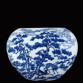 A Rare Blue and White Deer and Crane Pattern Brush Washer