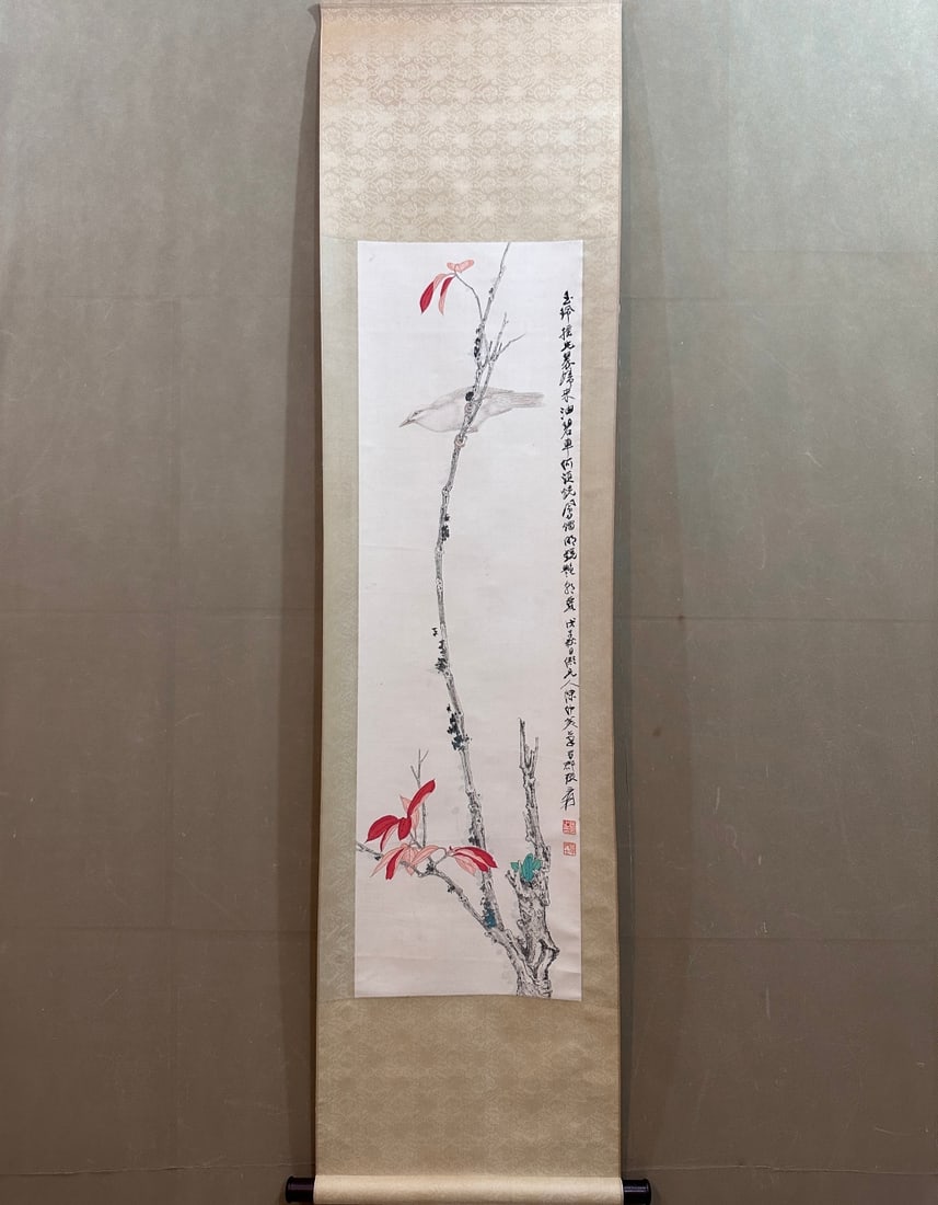 A Chinese Vertical Scroll Ink Painting of Flower and Bird on Paper,Zhang Daqian: A Chinese Vertical Scroll Ink Painting of Flower and Bird on Paper,Zhang Daqian ,Size:14.2inx47.2in 一幅中国水墨花鸟图立轴,张