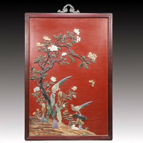 An Exquisite Redwood Inlaid Gems Flower and Bird Pattern Hanging Panel