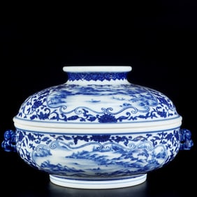 An Exquisite Blue and White Landscape and Figure Pattern Double-Ears Cover Box