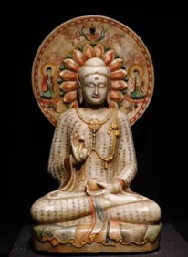 A Solemn Marble Painted Color Statue of Sakyamuni,With Scriptures