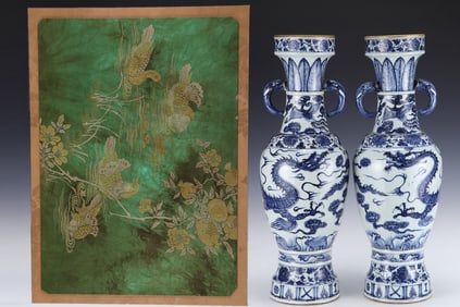 A Pair of Huge Blue and White Dragon Pattern Cover with Gold Elephant-Ears Vases