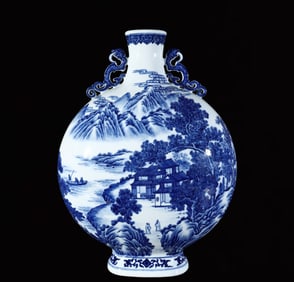 A Huge Blue and White Landscape and Figure Pattern Double-Ears Vase