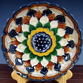 A Rare Tang Tri-Color Glazed Pottery Flower Pattern Brush Washer,with Poem