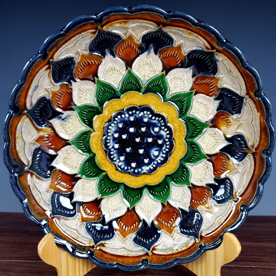 A Rare Tang Tri-Color Glazed Pottery Flower Pattern Brush Washer,with Poem: A Rare Tang Tri-Color Glazed Pottery Flower Pattern Brush Washer,with Poem,Tang Dynasty,China,Size:1.9inx8.3in 唐三彩花卉纹笔洗,带诗文