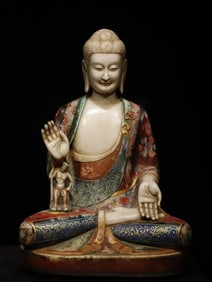 A Solemn Marble Painted Color Statue of Sakyamuni