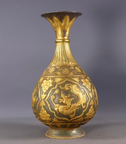An Exquisite Gilt Bronze Dragon and Phoenix Pattern Vase