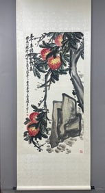 A Chinese Vertical Scroll Ink Painting of Peach on Paper,Wu Changshuo