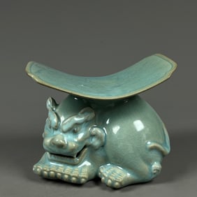 An Exquisite Ru yao Sky Blue Glazed Lion-Shaped Pillow