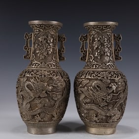 A Pair of Exquisite Silver-plated DragonPattern Double-Ears Vases