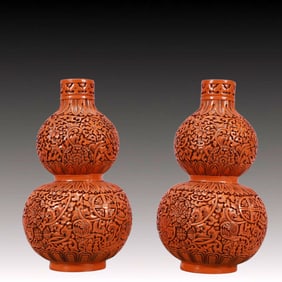 A Pair of Exquisite Carved Red Lacquer Flower Pattern Vases