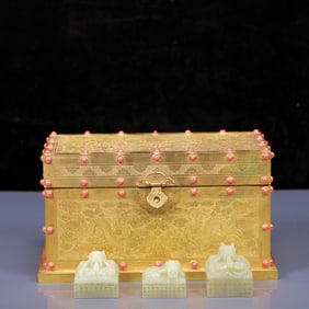 A Set of Fine White Jade Dragon Pattern Seal,with Gilt Bronze Inlaid Gems Box