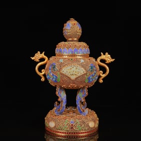 An Exquisite Filigree and Gilding Inlaid White Jade Dragon Pattern Double-Ears BeastEars Legs