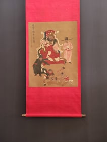 A Chinese Vertical Scroll Ink Painting of Character and Story on Silk,Wu Daozi