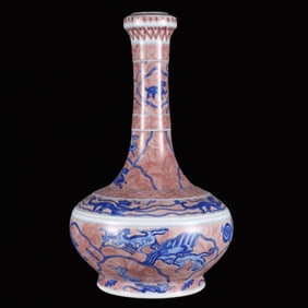 A Rare Blue and White Underglaze-Red Seawater and Auspicious Beast Pattern Vase