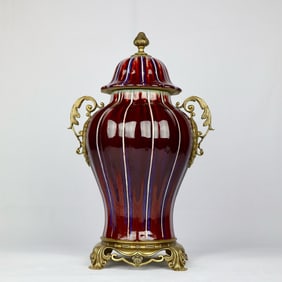 An Exquisite Flambe Glazed Inlaid Bronze Flower Double-Ears With cover Jar