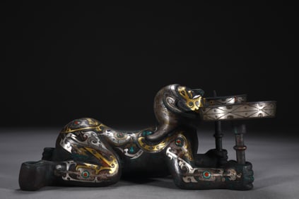 A Rare Bronze Inlaid Gold and Silver Candlestick
