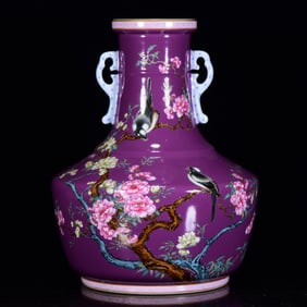 An Exquisite Famille-Rose Flower and Bird Pattern Double-Ears Vase