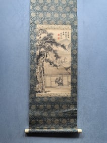 A Chinese Vertical Scroll Ink Painting of Landscape and Figure on Paper,Tang Yin