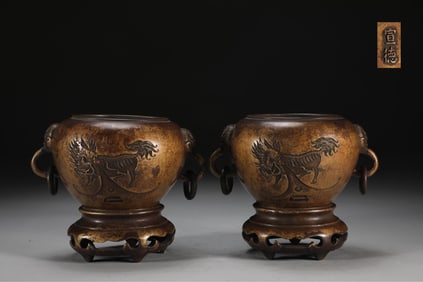 A Pair of Exquisite Bronze Auspicious Beast Pattern Double-Ears Censers,With Poem