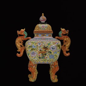 A Huge Enamel Painted Gold Yellow Ground Lotus Pattern Dragon-Ears Four Legs Censer