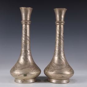 A Pair of Exquisite Silver-plated Dragon Pattern  Vases