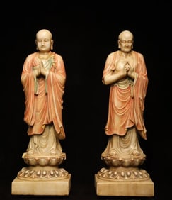A Pair of Solemn Marble Painted Color Ananda and Kasyapa Statue
