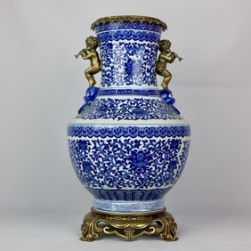 An Exquisite Blue and White Lotus Pattern Inlaid Bronze Figure Double-Ears Vase