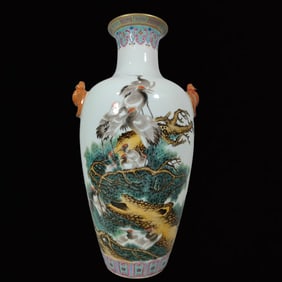 A Rare Famille-Rose Pine and Crane Pattern Double-Ears Vase,with poem