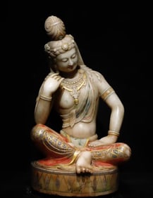 A Solemn Marble Painted Color Statue of Avalokitesvara