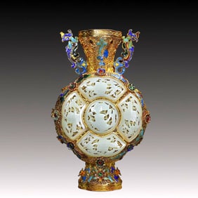 A Rare Gilt Silver Inlaid White Jade Dragon Pattern Double-Ears Vase,Inlaid Gems