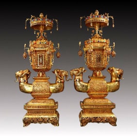 A Pair of Exquisite Gilt Bronze Bats and Peach Dragon Pattern Sheep Pagodas, Inlaid Gems