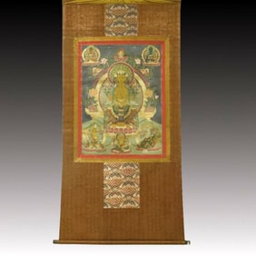 A Rare Brocade Painted Color Statue of Amitayus Tangka