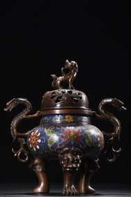 An Exquisite Cloisonne Lotus Pattern Dragon-Ears and Tripod Censer,With Beast Cover