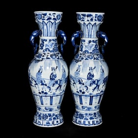 A Pair of Huge Blue and White Figure and Story Pattern Elephant-Ears Vases,with Poem