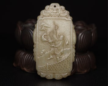 An Exquisite White Jade Landscape and Figure Pattern Pendant