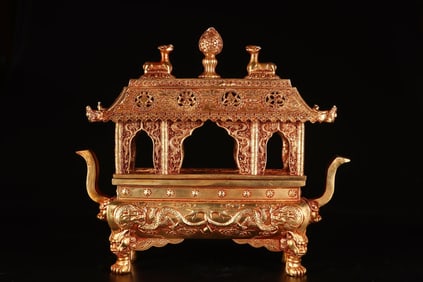 A Rare Gilt Bronze Eight Treasures and Dragon Pattern Double-Ears Four Legs Censer
